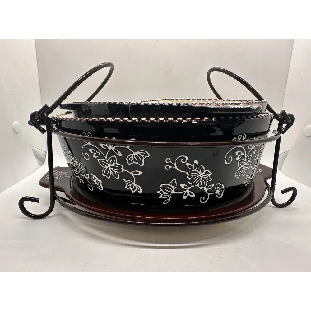 Temp-tations Tara Black Floral Lace 7 Pc Serving Set Rack Trivet Ovenware
